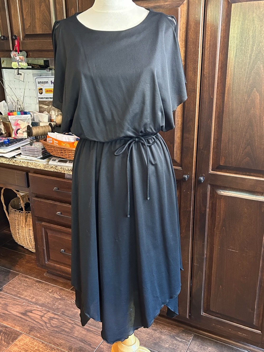 1970’s Samuel Blue Black Sz S Asymmetrical Women's Tie-Waist Midi Dress